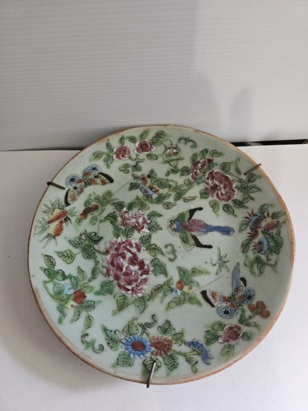 A stunning antique Chinese famille rose celadon plate signed Carousel 1