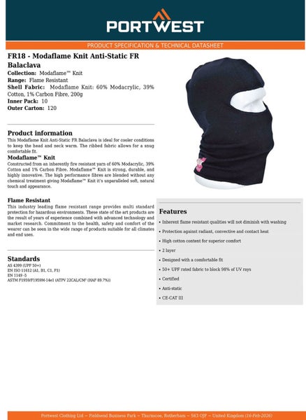 2 Pack Portwest Modaflame Knit Anti-Static FR Fire Flame Resistant Balaclava ... Carousel 2