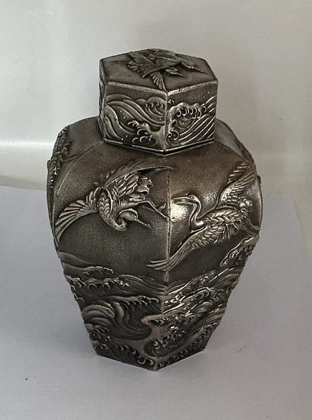 JAPANESE SILVER / PEWTER TEA CADDY “NATSUME” C 1890 - MEIJI PERIOD -HEXAGONAL