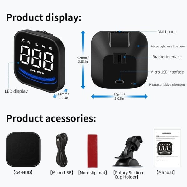 G4 GPS Speedometer HUD, Ambient Light Speed Alert, Compact 52mm LED display Carousel 2