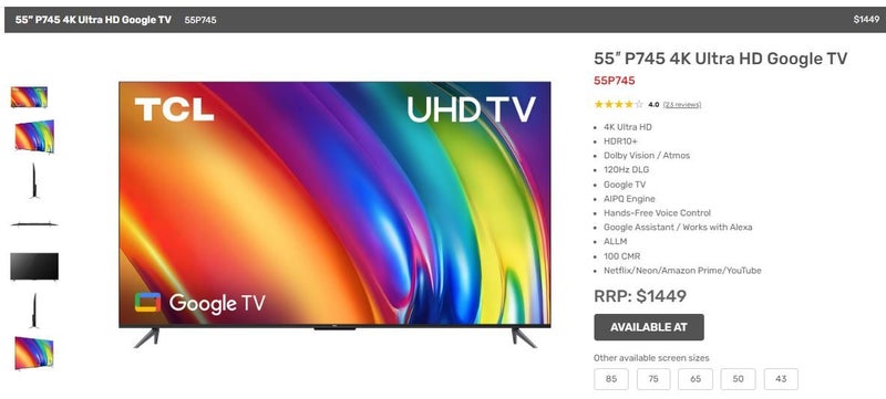 $1 Reserve Smart TV 55 Inch 4K Ultra HD Google TV TCL - Model 55P745 Carousel 2