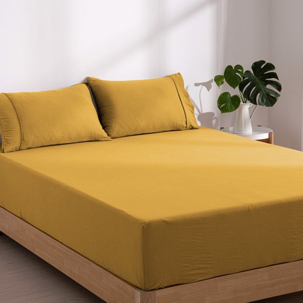 Dreamaker Superfine Washed Microfibre Combo Fitted Sheet Set Mustard King Single Carousel 2
