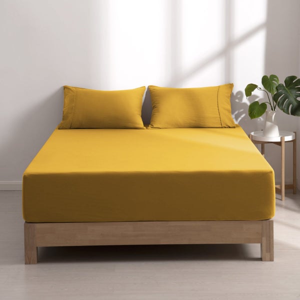 Dreamaker Superfine Washed Microfibre Combo Fitted Sheet Set Mustard King Single Carousel 10