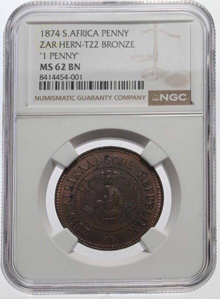 South Africa 1874 Penny - NGC Graded MS62BN - Mintage = 100 Only Carousel 1