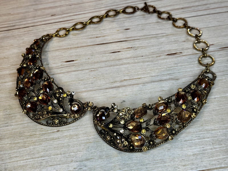 Vintage Style Statement Bib Necklace - Amber & Gold Tones - Boho Chic Carousel 1