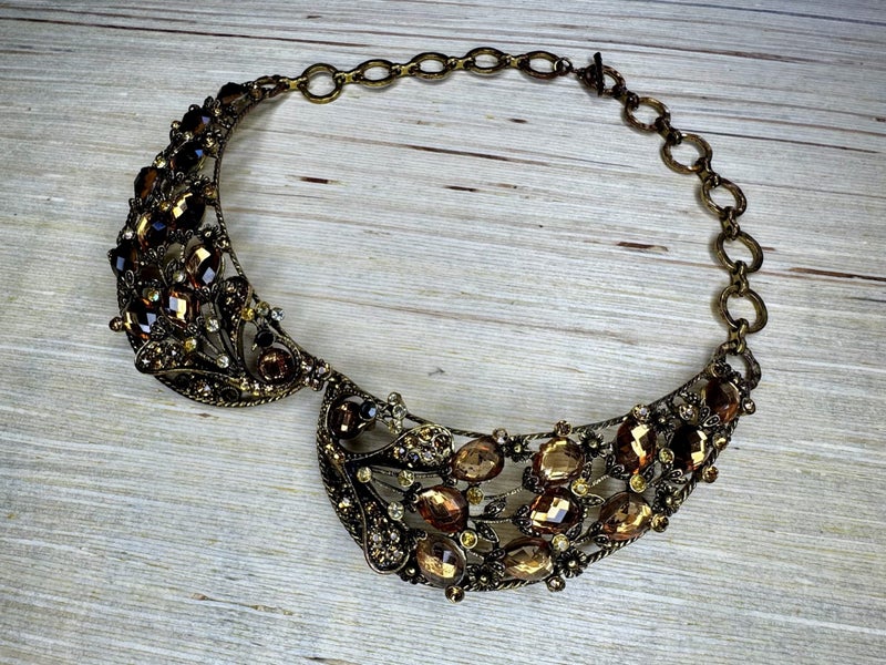 Vintage Style Statement Bib Necklace - Amber & Gold Tones - Boho Chic Carousel 5