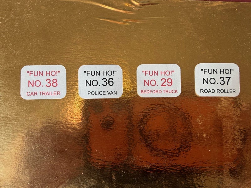 FUN HO! BOX END LABELS. ANY 2 STICKERS for the Models No 1 to No 72. Carousel 1