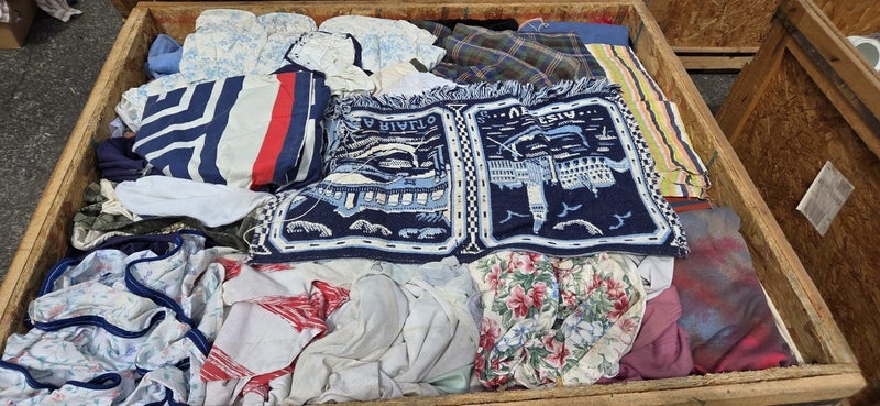 $1 = RES Wooden crate #87 assorted material, curtains & possibly linen etc Carousel 2
