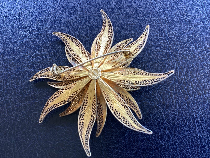 Vintage TOPAZIO 925 Sterling Silver Gold Vermeil Portugal Flower Filigree Brooch Carousel 2