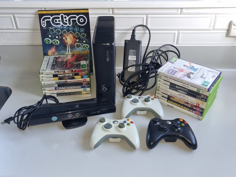 XBOX 360 Slim Console Bundle + Kinect + 17 GAMES! $1 RESERVE Bulk Lot Carousel 1