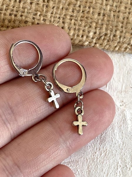 Tiny Little Cross Huggie Hoop Earrings Carousel 1