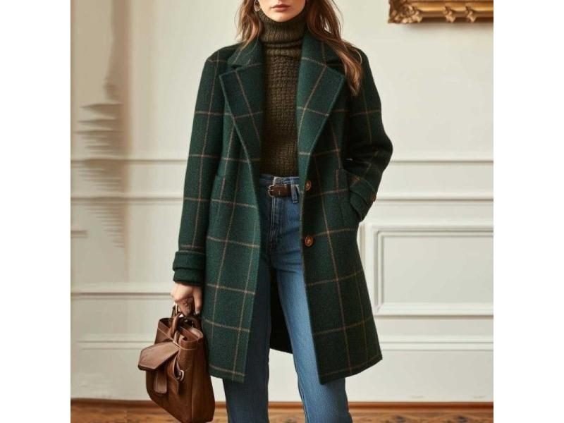 Women's Vintage Wool Plaid Mid-Length Jacket Carousel 1
