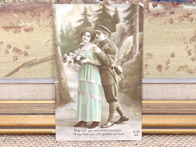 WWI RPPC Postcard - Romantic Soldier & Sweetheart - Hand Coloured | E.M 180 Carousel 1