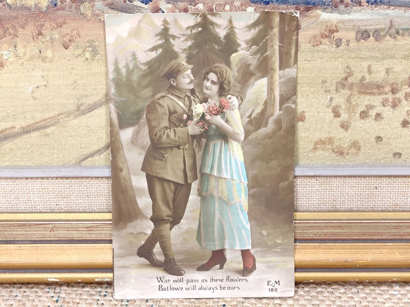WWI RPPC Postcard - Romantic Soldier & Sweetheart - Hand Coloured | E.M 180 Carousel 1