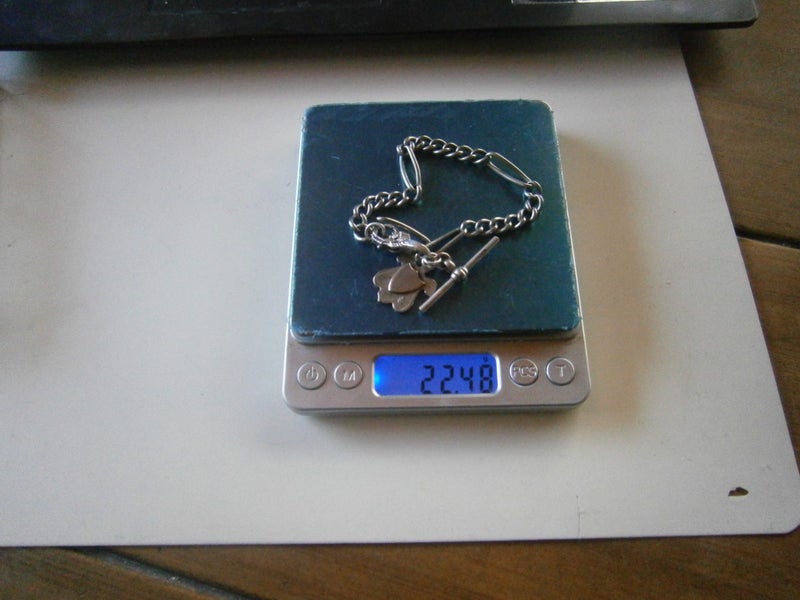 VTG .900 SILVER CHAIN BRACELET+ TBAR & SHIELD FOB (22.5gms) Carousel 9