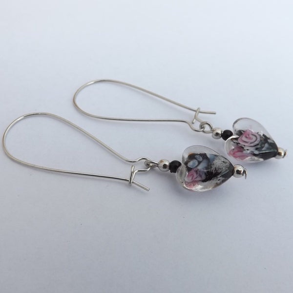 Black & Pink Floral Lamp Work Glass Heart Bead Earrings on Long Kidney Hooks Carousel 1