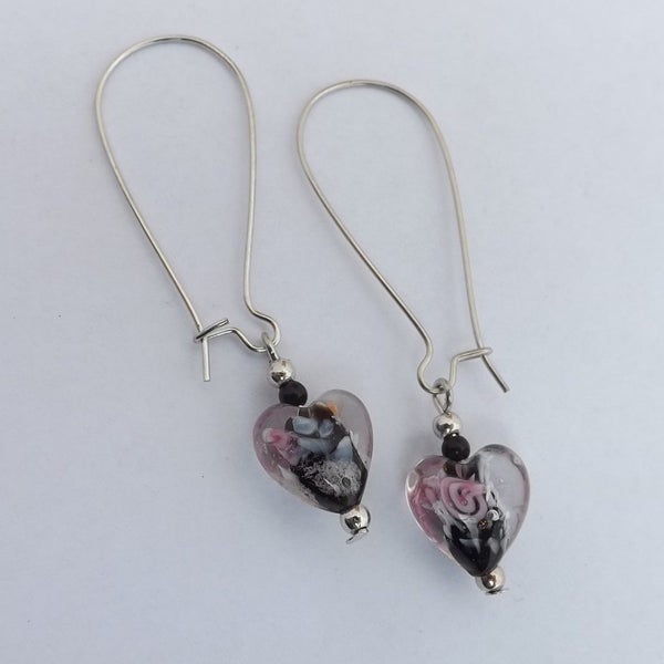 Black & Pink Floral Lamp Work Glass Heart Bead Earrings on Long Kidney Hooks Carousel 3