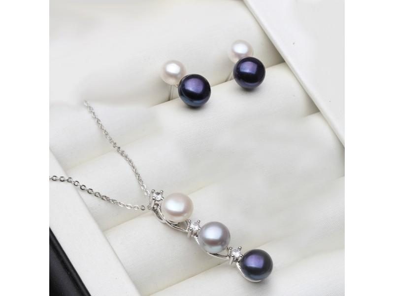 925 Silver Natural Pearl Necklace Earrings Set For Wife Mother Carousel 1