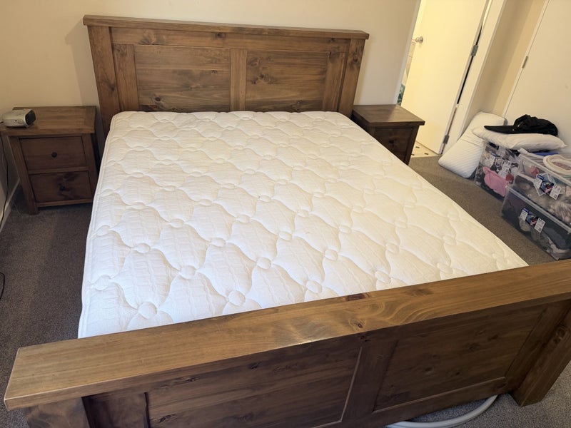 King size bed with frame, mattress, two nightstands