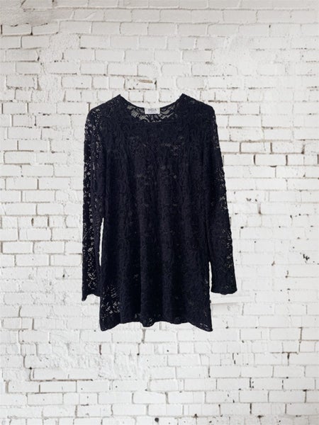 Mela Purdie Lace Tunic Top Black Stretch Size 10 Sheer Layering