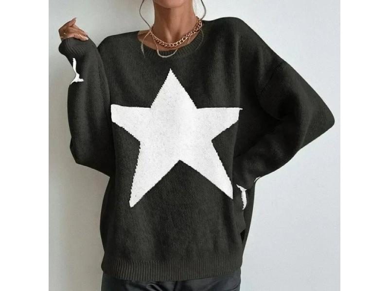 Women's Loose O-neck Star Pattern Thick Knitted Pullover Carousel 1