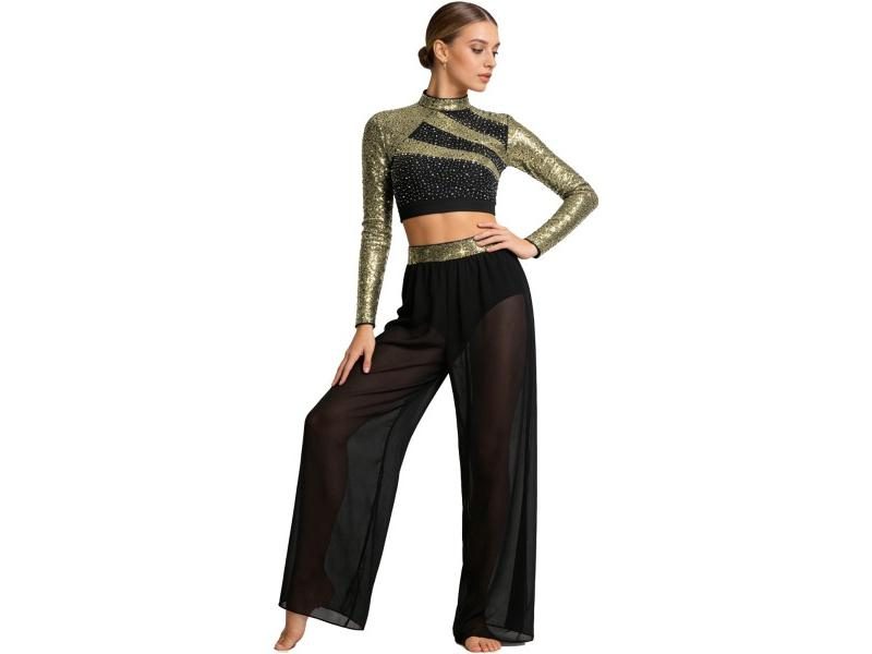 Women Dance Costume Set Long Sleeve Crop Top Sheer Mesh Slit Pants Carousel 2