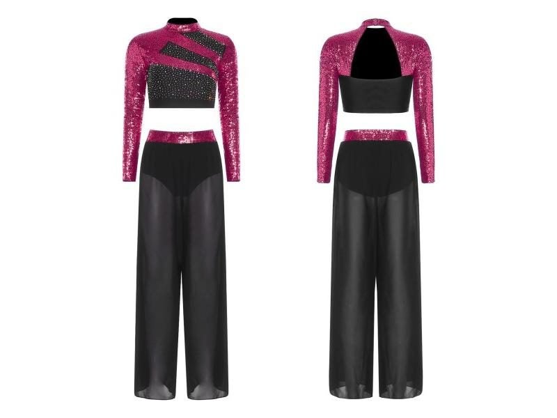 Women Dance Costume Set Long Sleeve Crop Top Sheer Mesh Slit Pants Carousel 1
