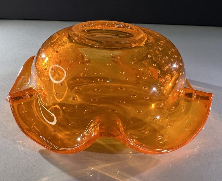 Japanese Bullicante MCM Art Glass Bowl Tangerine 1950s Carousel 8