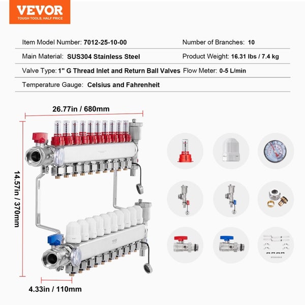 Vevor 10 Branch Radiant Heat Manifold 1/2" Pex Tubing Stainless Steel For Hydron Carousel 2
