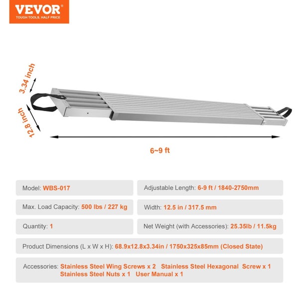 Vevor Telescoping Aluminum Work Plank 6-9 Feet 500Lbs Capacity 12.5 Inch Width S Carousel 2