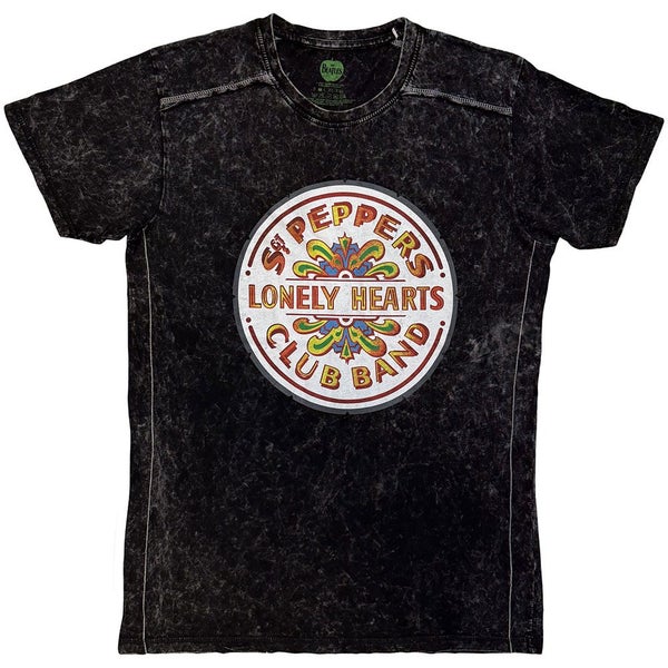 The Beatles T Shirt Sgt Pepper Drum Band Logo new Official Mens Black Snow Wash Carousel 1