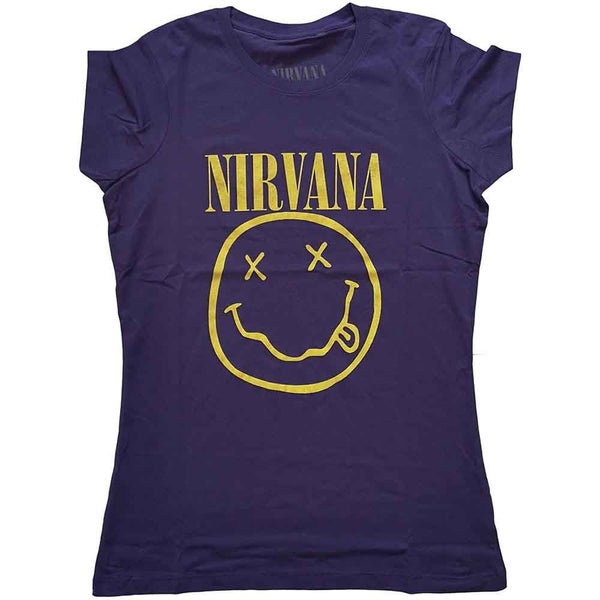 Nirvana T Shirt Yellow Smile Band Logo new Official Womens Skinny Fit Purple Carousel 1