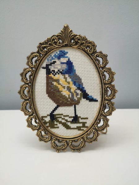 Blue bird cross stitch in gold frame Carousel 1