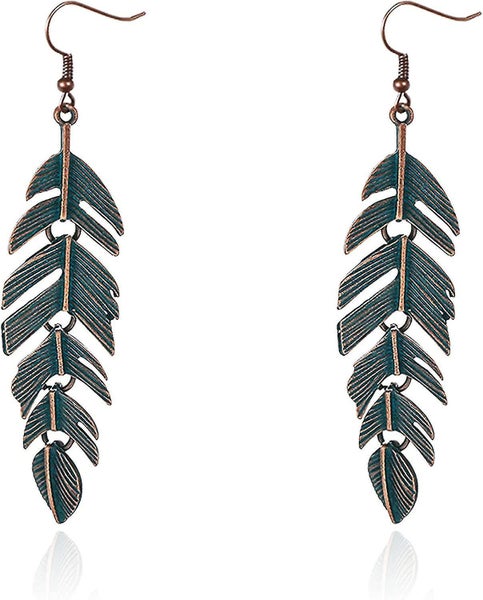 Floating Feathers Earrings Handmade Boho Vintage Green Bronze Lightweight Statem Carousel 1