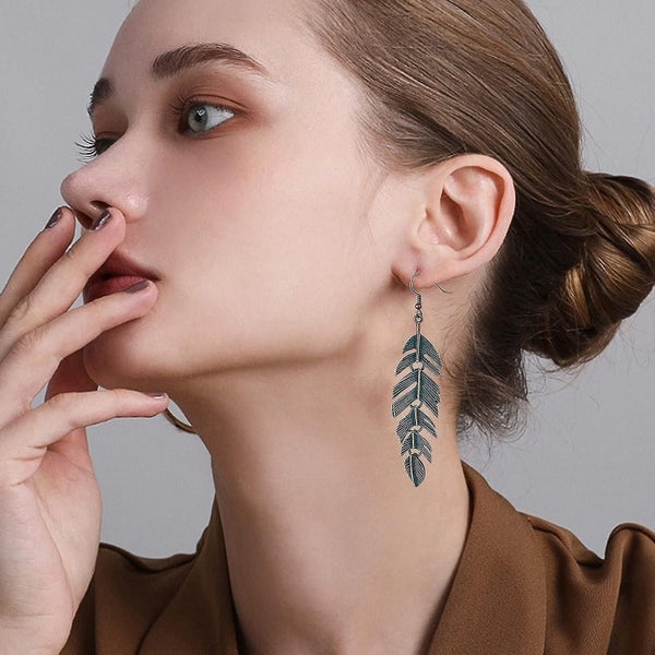 Floating Feathers Earrings Handmade Boho Vintage Green Bronze Lightweight Statem Carousel 3