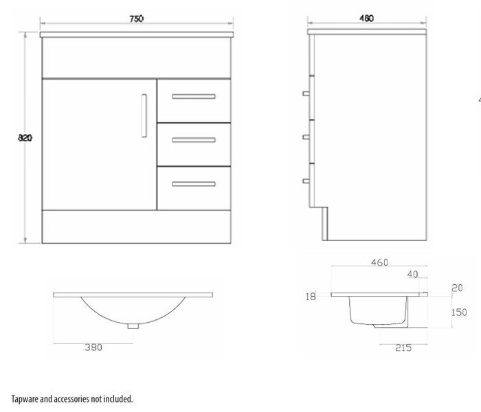 Floor Standing Vanity 1 Door 3 Drawer 750mm White Gloss Carousel 2