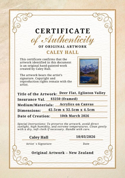 Deer Flat, Eglinton Valley – Original Oil Painting – Fiordland NZ – Caley Hall Carousel 11