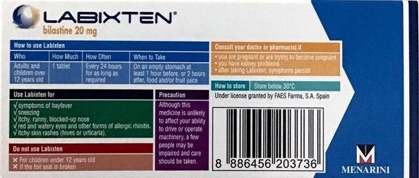 Labixten For Hayfever, Allergy, Itchy Skin - 20mg 30 Tablets Pharmacy Medicine Carousel 2