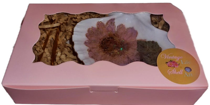 Shell art - Pink Pressed Flower with a Golden Stand Carousel 1