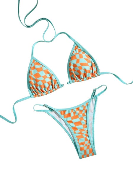 Checkerboard Split Bikini Swimsuit Printed Sexy Vacation Blue Orange Carousel 1