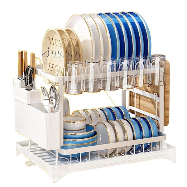 2-Tier Household Dish Rack Countertop Storage With Drainboard Black Carousel 7