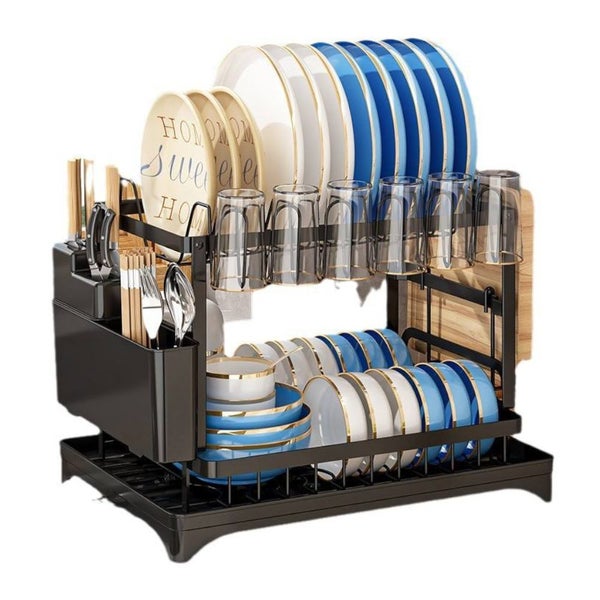 2-Tier Household Dish Rack Countertop Storage With Drainboard Black Carousel 1