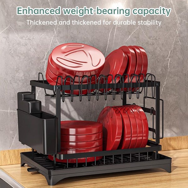 2-Tier Household Dish Rack Countertop Storage With Drainboard Black Carousel 2