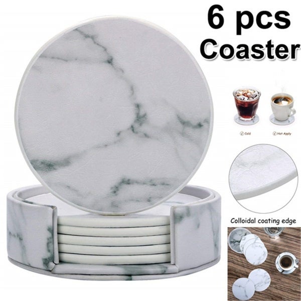 6Pcs Marble Cup Coaster Round Leather Heat Insulation Mat for Kitchen Table Home Carousel 1