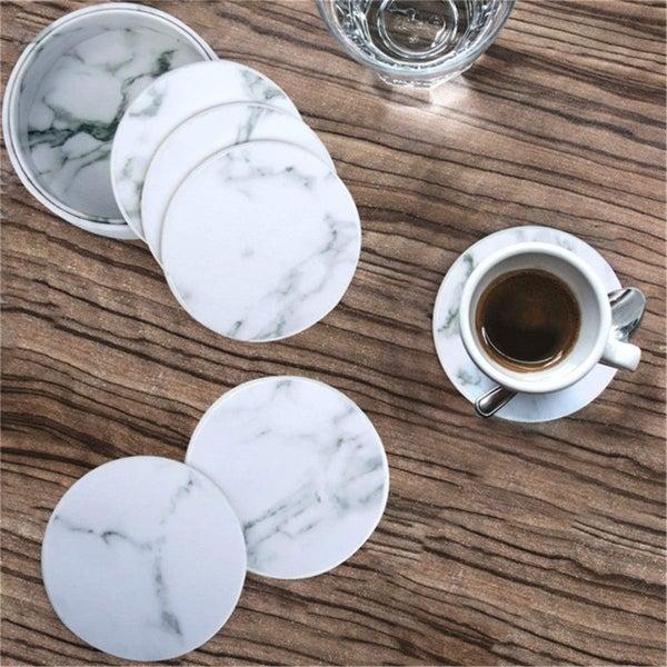 6Pcs Marble Cup Coaster Round Leather Heat Insulation Mat for Kitchen Table Home Carousel 2