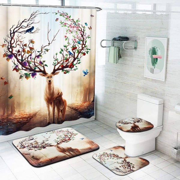 3Pcs Waterproof Bathroom Set Beautiful Sika Deer Toilet Cover Mat Non - Slip Ped Carousel 1
