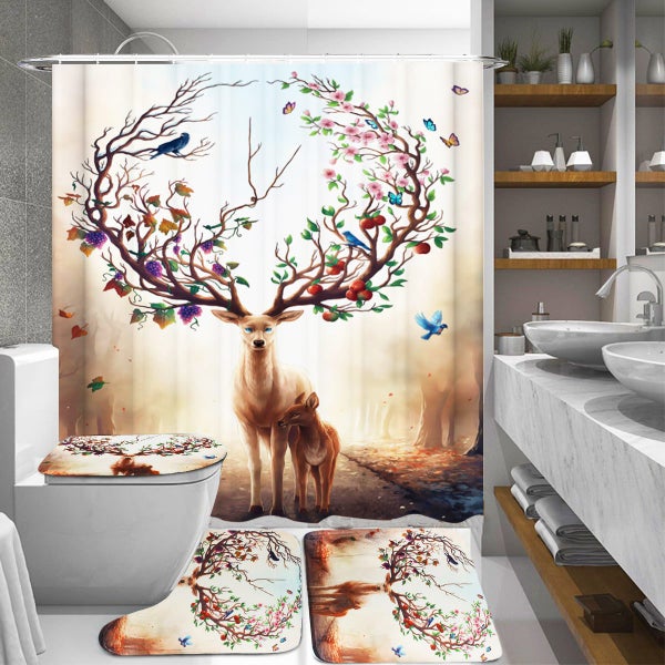 3Pcs Waterproof Bathroom Set Beautiful Sika Deer Toilet Cover Mat Non - Slip Ped Carousel 2