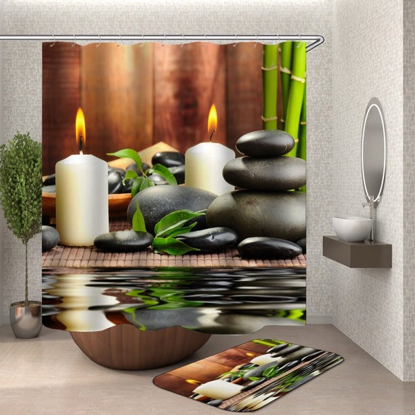 180x180CM Waterproof Bathroom Bamboo Stone Candle Shower Curtain Toilet Cover Ma Carousel 3