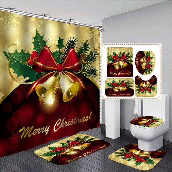 180x180cm Christmas Bell Shower Curtain Lid Toilet Cover Bath Floor Pedestal Mat Carousel 1