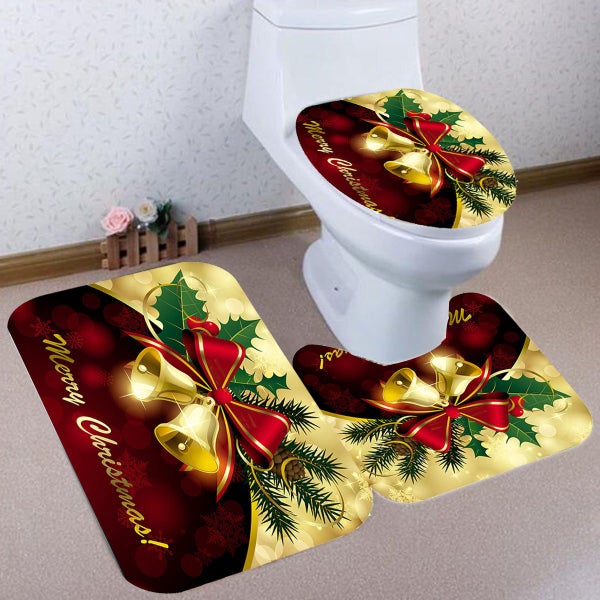 180x180cm Christmas Bell Shower Curtain Lid Toilet Cover Bath Floor Pedestal Mat Carousel 2